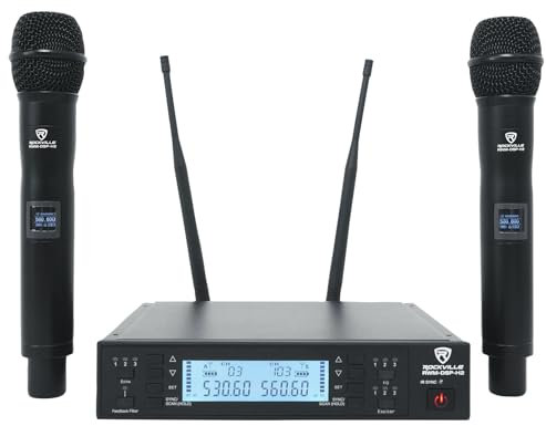 Rockville RWM-DSP-H2 Dual Handheld UHF Wireless Microphone System, DSP Control, Adjustable EQ, Delay, Feedback Filter, OLED Display, 200 Channels, 400-600 ft Range, Includes 2 Mics & Rack Mount