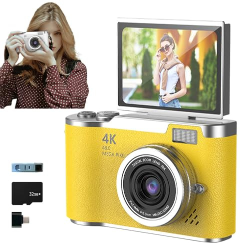 Appareil photo 4K pliable pour étudiant, appareil photo numérique 2025, appareil photo numérique FHD 4K pour photographie avec écran rabattable, zoom 8x 48 MP pour adolescents et adultes (jaune, carte