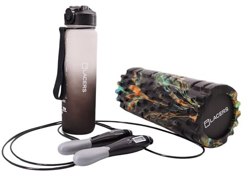 Petrolline 3er Fitness-Set – Faszienrolle, 1000ml Trinkflasche mit Strohhalm & Zeitmarkierung, verstellbares Springseil – Für Training & Regeneration (Schwarz 3er Set)