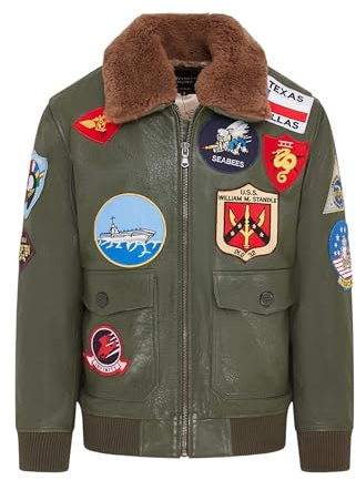 Men's Green Air Force A2 Flight Leather Bomber Jacket with Sheepskin Collar and Patches