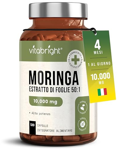 Gélules de Moringa Pur | Haute Concentration 10 000 mg | 4 Mois – 1 par Jour | Sans Additifs | Gélules de Super-Aliment Végétalien | Extrait Pur de Feuille de Moringa | VitaBright