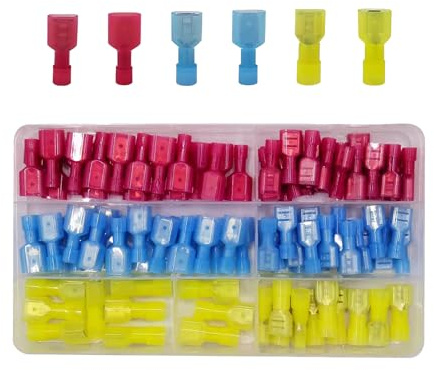 Set med 100 stycken elektriska kontakter, kabelskor, platta kontakter, kabelskor, isolerade, platta hankontakter och hona, klämkontakter, bilkabelskor, klämkontakter, för bil, industriell