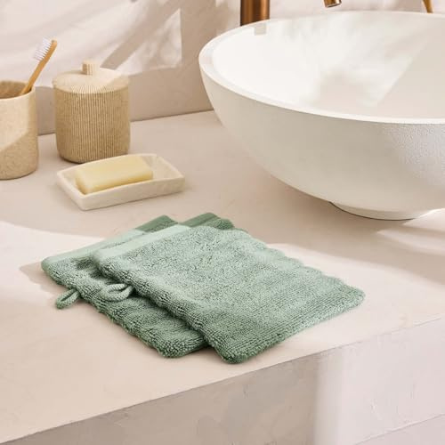 Douceur d'Intérieur, 2 guanti da bagno (15 x 21 cm) Maya Sauge, spugna tinta unita 100% cotone