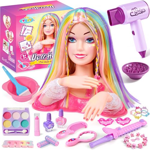 vamei Styling Head Doll Kids Hairdressing Set with Hairdryer Makeup Nail Polish & Hair Accessories, Dolls Head Toy Hair Salon Kit Pretend Play Hairdresser Toys Gifts for Girls 4 5 6 7 8 Years Old
