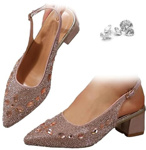 GHTRHSB Décolleté da donna a punta con tacco a blocco, cinturino alla caviglia scintillante alla moda, sandali da sera chiusi, rosa, 41 EU