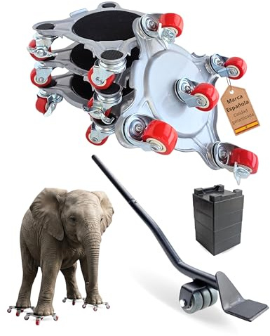 ANTEGE Kit para Mover Muebles Pesados | 4 Plataformas Acero Reforzado con 5 Ruedas 360° y 2 Frenos | Palanca Elevadora Extensible | hasta 800 kg | Protege Parquet y Suelo
