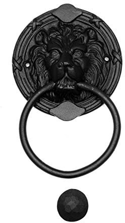 Türklopfer antik, Löwenkopf groß rund, handgefertigt aus Eisen, schwarz, EW014
