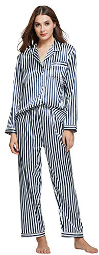 Women's Pyjama Set Satin Long Sleepwear Nightwear Loungewear (Blue White Striped, Medium)