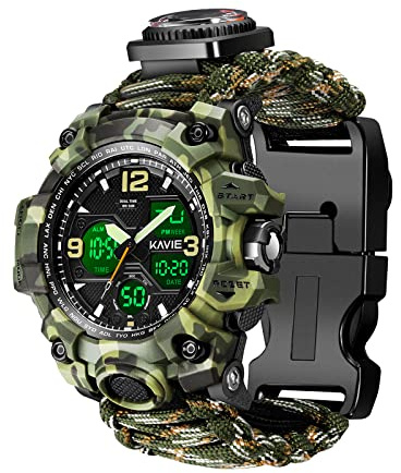 23-in-1 Survival Military Digital Watch, Mens Tactical Multi-Functional and Adjustable Wristband Outdoors Waterproof Sports Dual Dial Watches with Compass Paracord Band, Army Camouflage, Digital