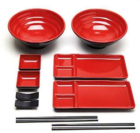 GOLIBER Vaisselle Japonaise en Melaminé (10 pcs) - Comprend 2 Assiettes Sushi, 2 Ramen Bols, 2 Paires Baguettes Japonaises, 2 Base de Baguettes et 2 Bols à Sauce - Japonais Accessoire Set (Rouge)