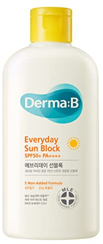 Derma B Everyday Sun Block Large Size Sunscreen SPF50+ PA++++ 6.71 Fl Oz, 200ml Fast-Absorbing Lightweight SPF Moisturizer, Facial Body Non-Sticky for Dewy Skin, Korean Protection Lotion