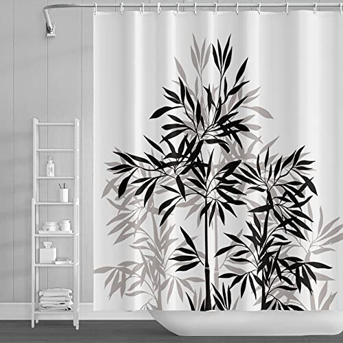SDOTPMT 105x160cm Bambú Silueta Cortina de Ducha Bambú Sale de Bosquejo Blanco Cortina de baño Clásico Pintura en Tinta Cortina bañera para niños Baño Tela Poliéster con Ganchos