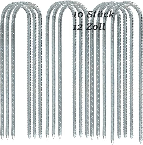 ZEONHEI 10 picchetti da 12 pollici, zincati, da 30 cm, a forma di U, picchetti da giardino, stabili con punta a scalpello, ancoraggio a terra per trampolino, campeggio, tende, tettoie, altalena