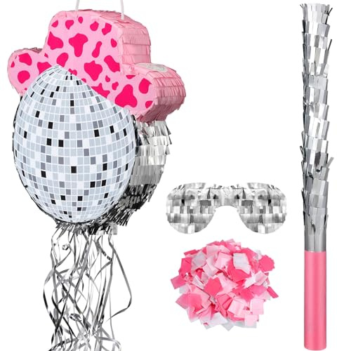 Sratte Disco Ball Piñata Cute Hat Disco Ball Party Supplies Piñata with Blindfold and Bat Theme Decorations for Birthday Fiesta Party Supplies (12.8 x 13.78 Inch)
