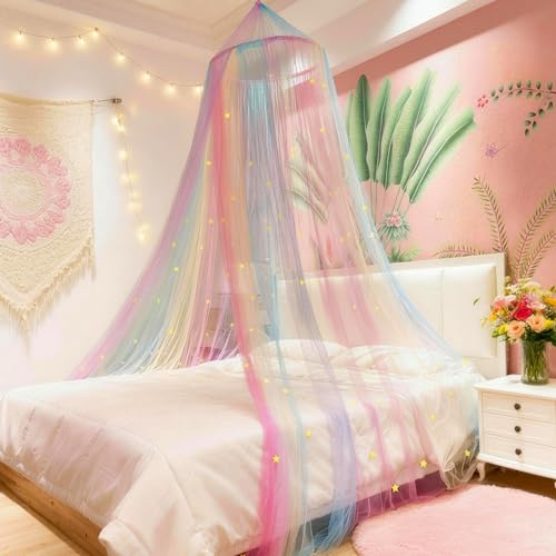 Eimilaly Princess Rainbow Bed Canopy with Stars Glow in the Dark, Bed Canopy for Girls Room Decor or Unicorn Theme Party