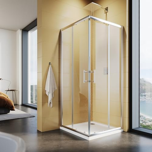 SUNXURY Cabina de ducha de 70 x 90 cm, doble puerta corredera, entrada esquinera, mampara de ducha de 5 mm, cristal de seguridad, puerta de ducha, altura 185 cm