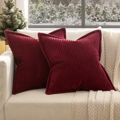 EMEMA Kordsamt Kissenbezug Weihnachten Weiche Kissenhülle Dekorative Sofakissen 45x45 cm 2er Set Dekokissen Moderne Zierkissenbezug Gestreifte Kissenbezüge für Wohnzimmer Schlafzimmer Weinrot