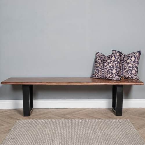 Elm home and garden Solid Mango Wood Live Edge Dining Bench, Dark Oak Finish, Metal, 45cm High x 155cm Wide x 40cm Deep