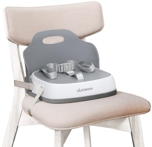 UBRAVOO Asiento Elevador, Cojín Elevador Portátil, Triple Fijación, Asa de Transporte Plegable Portátil, Adecuado para Niños de 6 a 36 Meses (Gris-2)