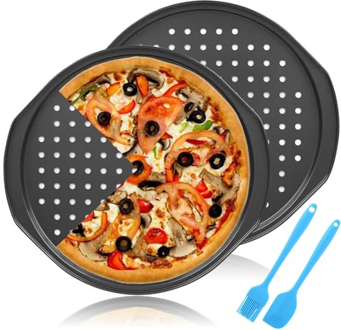 2 Pack 14 Inch Non Stick Pizza Tray, Perforated Baking Tray With Oil Brush and Scraper with Holes, Round Pizza Baking Pan with Handle for Baking Pizza Home Kitchen, Oven and Dishwasher Safe, Black