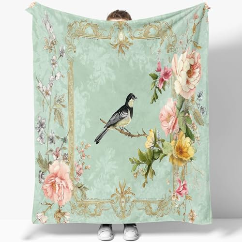 Kuscheldecke 100 x 130 cm,Vintage Blumen Vögel Weich Flanell Warm Plüsch Fleece Wohndecke für Teenager Tochter Mama, Hellgrün Ganzjahresdecke für Kinder