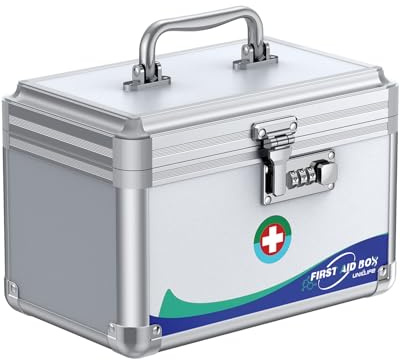 Uniclife Medicine Lock Box First Aid Box with Combination Lock & Handle Portable Medication Boxes Metal Lockable Medicine Storage Boxes, 25.4 x 15.2 x 16.5 cm