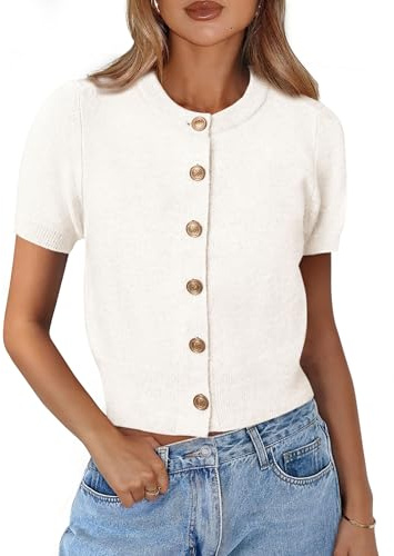 PRETTYGARDEN Womens Casual Summer Short Sleeve Cardigans 2026 Button Down Knitted Sweater Basic Crew Neck Crop Tops (White,Small)