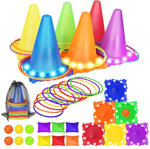 KIMIGO Jeux Exterieur Enfant Kit,3 en 1 Jeux en Plein Air pour Enfants,Jeu de Lancer de Balle,Jeu D'anneau en Plastique,Toss Jeu de Jeux pour Enfants,Jeux de Lancer de Fête pour Enfants et Adultes