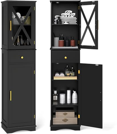 COSTWAY Armario Alto de Baño, Mueble Columna de Baño con Cajón, 2 Puertas y 3 Estantes Ajustables, Gabinete Estrecho de Almacenaje para Cocina Salon Oficina, 40 x 30 x 168 cm (Negro)