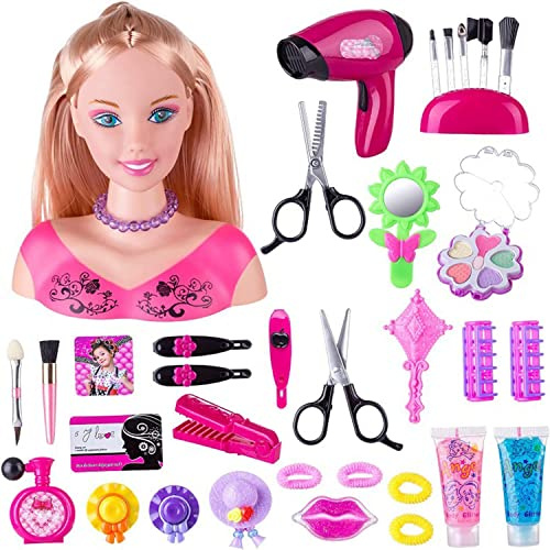 Testa di bambola capelli biondi con 35 accessori colorati, testa di bambola per acconciatura, rapunzel, giocattoli per bambini da 3 anni e più di Just Play,Regali di compleanno di Natale (A-35 pezzi)