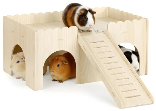 1 Set Guinea Pig Hideout, Upgraded Wooden Guinea Pigs Castle with Stairs 14.96*9.84 Inches Detachable Guineas Pig House with Stair Large Guineas Piggy Castle for Hamsters and Chinchilla Small Animals