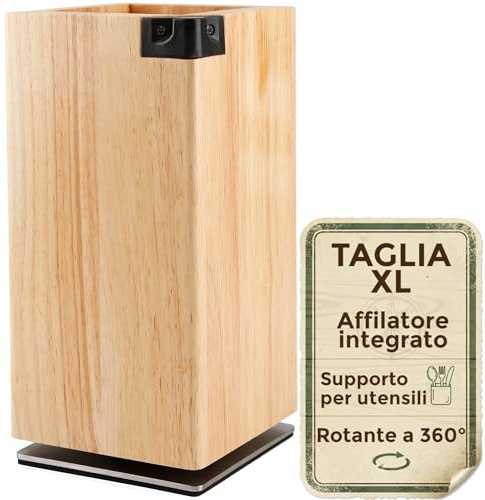Ceppo coltelli da cucina magnetico XL con affilacoltelli integrato. Porta coltelli magnetico da cucina in legno massiccio. Ceppo coltelli da cucina professionali robusto ed elegante (360º)