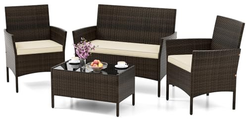 SOARS Salotto da Giardino Esterno 4 Pezzi, Set Giardino Esterno con Divanetto, 2 Poltrone e Tavolino da Caffè in Vetro Temperato, Salotto da Patio con Cuscini per Balcone, Veranda (Marrone+Beige)