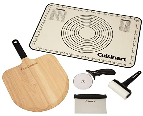 Cuisinart CPS-3216 5-Piece Pizza Prep & Serve Set (Non-Stick Silicone Prep Mat, Wooden Pizza Peel, Pizza Cutter, Dough Cutter, Dough Roller)