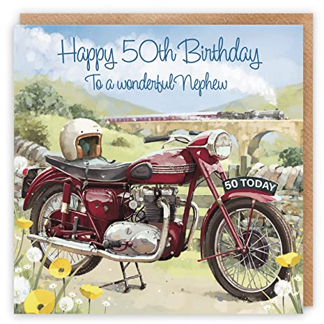 Hunts England - Carte d'anniversaire 50 ans pour neveu – Moto classique et train à vapeur – Superbe carte d'anniversaire artistique pour neveu – Inscription spéciale à l'intérieur – Milo's