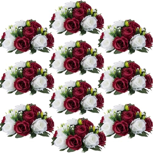 Inweder Wedding Flower Balls for Centerpieces - 10 Pcs Artificial Flower Arrangement, Fake Flowers Rose Balls for Weddings, Birthday Party, Valentine's Day, Home Decor, Burgundy & White