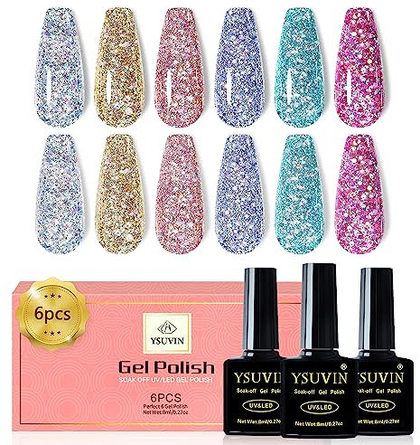 Yueshop Glitter Gel Nail Polish,6PCS Purple Blue Pink Green Glitter Gel Polish Set Series Sparkly Diamond Nail Polish Soak Off UV LED,Nail Varnish Sets For Women,8ML