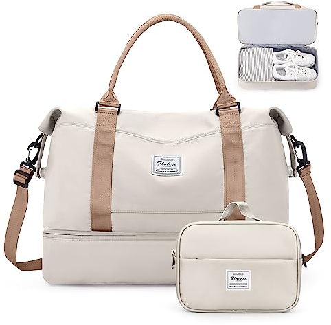 Helgväskor för kvinnor, personlig artikel resväska med skofack, övernattningsresa duffelväska med toalettväska, Beige och brun, Large, Set (resväska + toalettväska)