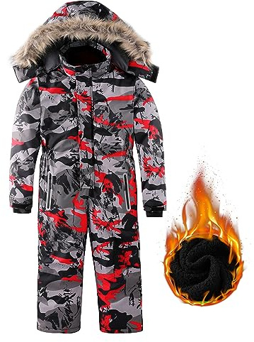 AFILOK Kid's Winter Overalls Ski Suits Boy's and Girl's Waterproof Snowboard Jumpsuits One Piece Snowsuit Jackets Coats (8-9, Red Camouflage)