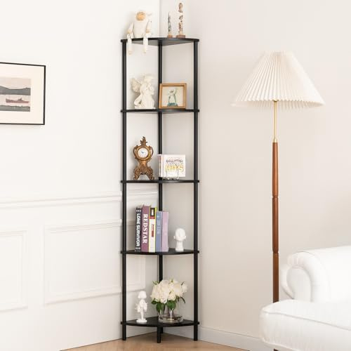 Yoobure Corner Shelf Stand, 5-Tier Bookshelf, 65 Tall Shelves for Bedroom, Living Room, Narrow Display Bookcase, Black with Display Shelves for Office