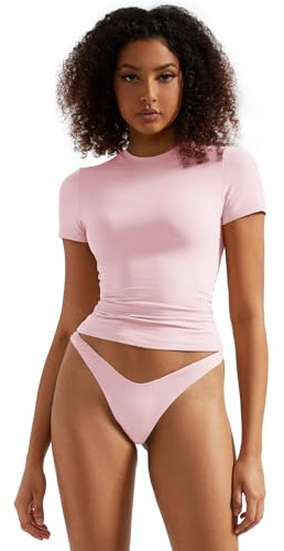 SUUKSESS Women Double Lined Fitted Basic Tee Crew Neck Short Sleeve Y2K Crop Top