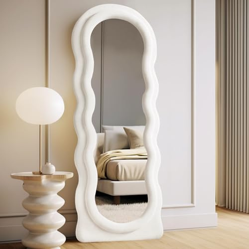 LunaMirror Fullängds vågformad väggspegel med stöd och ivoriskt flanellram, för sovrum och entré, 160 x 60 cm