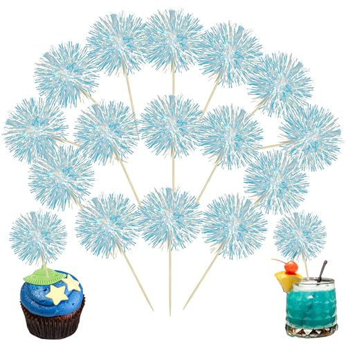 Ephlyn 30Pcs Foil Firework Cupcake Toppers Party Birthday Cake Toppers Supplies Sparkle Tinsel Cocktail Fruit Toothpick for Birthday Wedding Graduation Party Blue