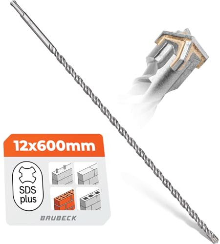 BAUBECK SDS Plus Bohrer 12mm x 600mm lang für Beton & Stein - Premium 40CR Stahl, langlebig - 4 Schneiden Steinbohrer 12mm für beste Ergebnisse - SDS Plus Bohrer 12mm Betonbohrer