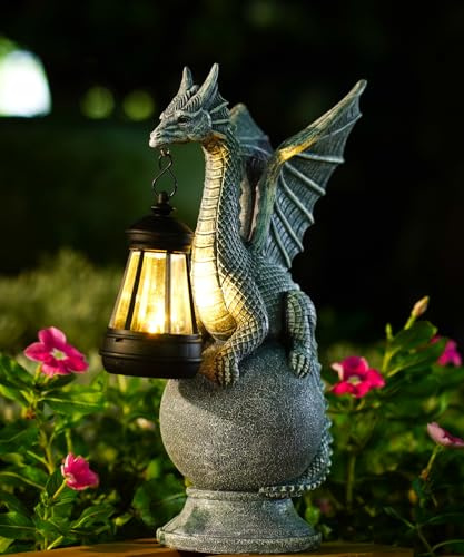 Goodeco Dragon Statue with Solar Light Figurine standing on a round ball - Lawn Decor Outdoor Statue for Patio, Balcony, Yard Ornament Unique Gifts for Mum Grandma