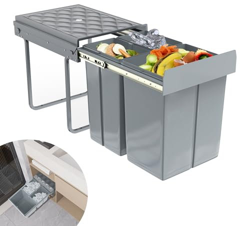 Suusolny Grau 2 x 10L + 1 x 20L Einbaumülleimer Mülltrennsystem Ausziehbar Mehrfachbehälter Abfallsammler Schrankmülleimer Geruchsdicht Komfortabler Zugang für Küche 48x34x42cm