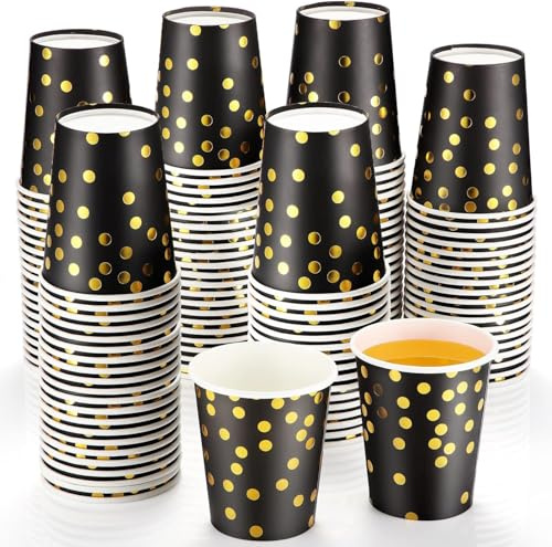 Riverhighfur Lot de 100 Gobelets en Papier de Fête Noir et Doré Jetables 250ml dorés pour Fête, Anniversaire, Mariage, Gobelets en Papier Biodégradables