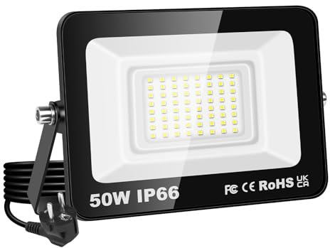 RIGIDON Projecteur Led Extérieur Avec Prise, 1x 50W 5000LM IP66 étanche Éclairage de Sécurité, Spot Led Lampe pour Patio Garage Terrasse Jardin Chantier Muraux Atelier, 6000K Blanc Froid Luminaires