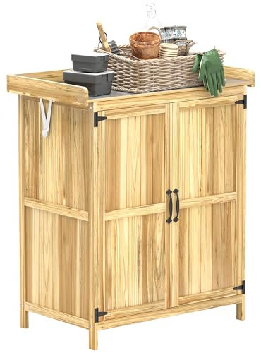 Outsunny Wooden Garden Shed, Garden Tool Storage Shed with Hinged Roof and Shelf, Outdoor Storage Cabinet with Double Doors, Natural Wood Finish