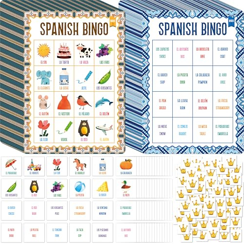 SpriteGru Spanish Bingo Game, 25 Boards for Spanish Vocabulary Bilingual Word Bingo Game Educational Toys for Language Learning - Ages 5 and up (Up to 25 Players)